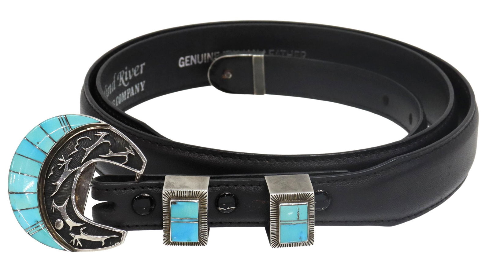 SOUTHWEST SANTA FE SILVER TURQUOISE RANGER BELT: Southwest ranger belt, silver (content unknown) buckle, tip, and two loops, all with channel-set turquoise, buckle with silver overlay leaping deer, buckle with engraved signature HHTTT (?), Wind Rive