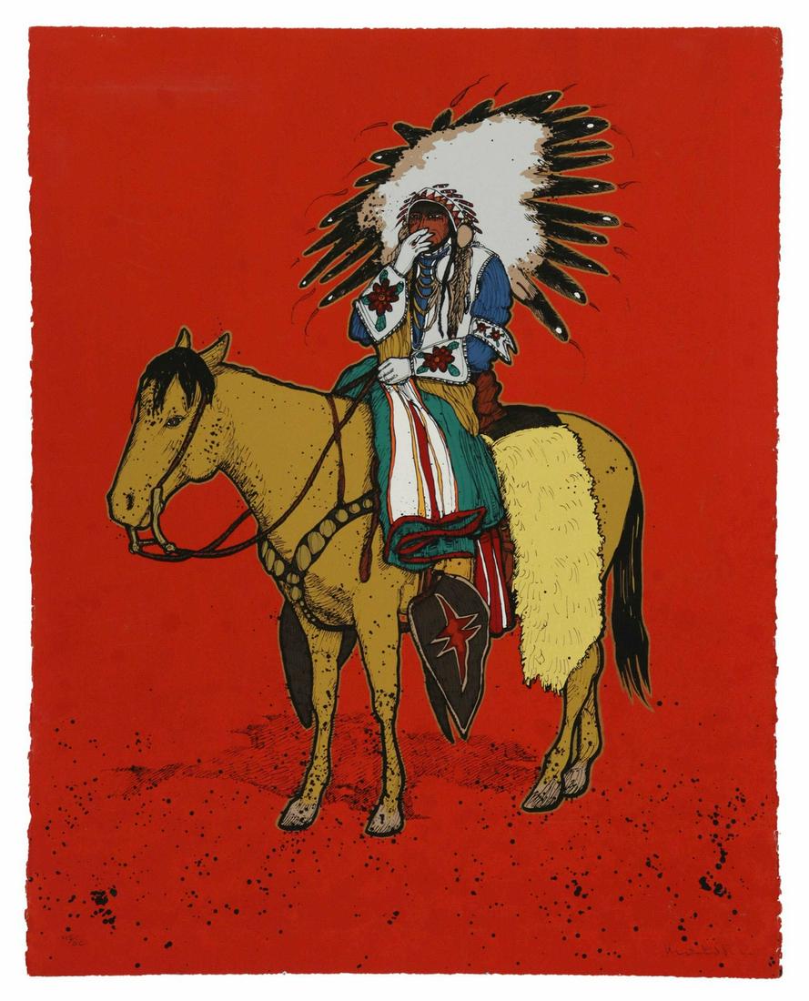 KEVIN RED STAR (B.1943) SIGNED SERIGRAPH: Unframed serigraph (silkscreen) on paper, Brave on Horseback, pencil signed lower right Kevin Red Star (Apsaalooka, Crow Nation, Montana, b.1943), numbered 45/ 60, sheet: approx 28.25"h, 22.5"w **Prov