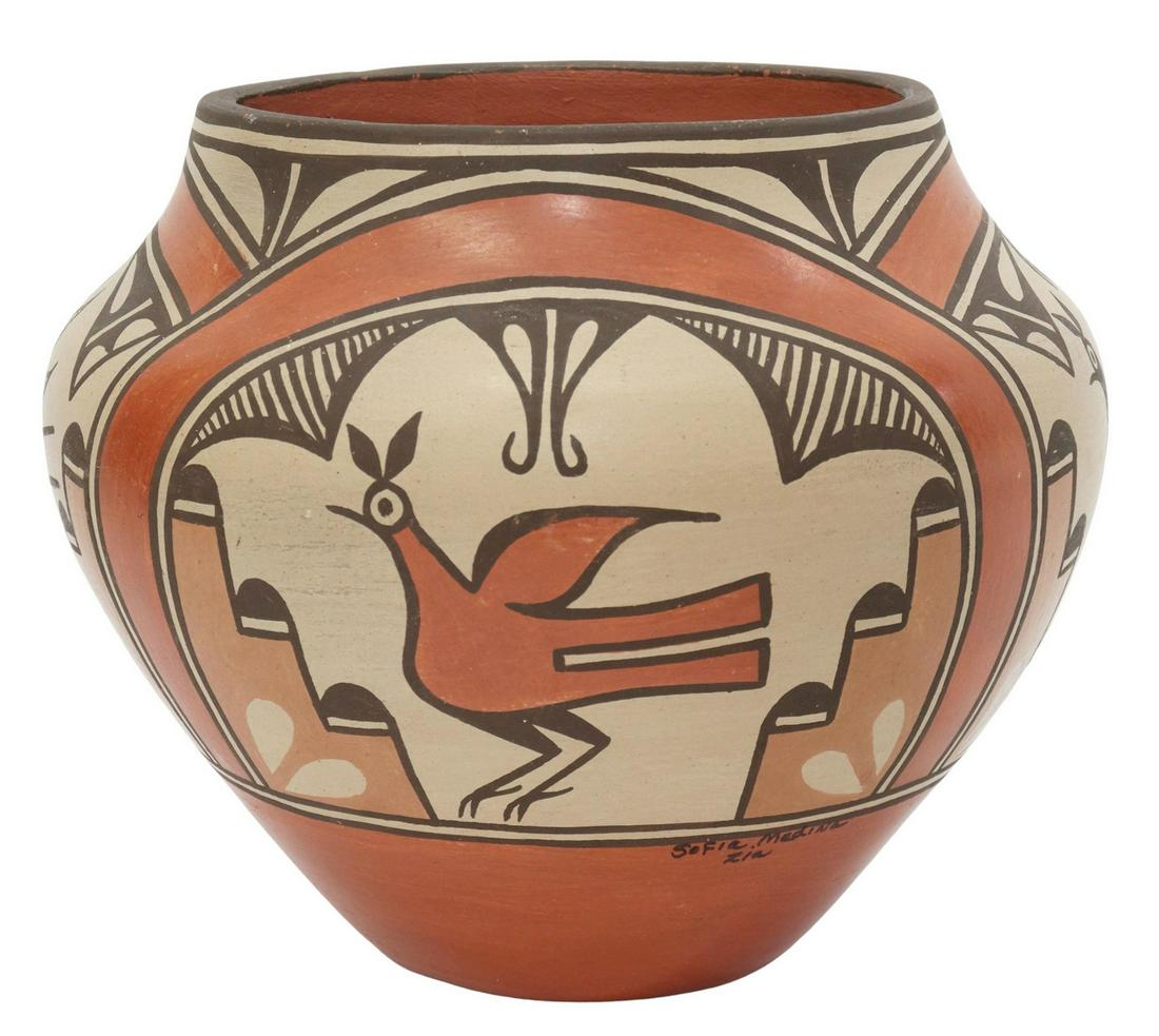 SOFIA MEDINA (1932-2011) ZIA OLLA POTTERY, 8.75"H: Large Native American pottery olla, signed Sofia Medina (Zia Pueblo, New Mexico, 1932-2010), polychrome decoration with the Zia Bird or roadrunner, signed at lower section, approx 8.75"h, 10.5"diam, 5