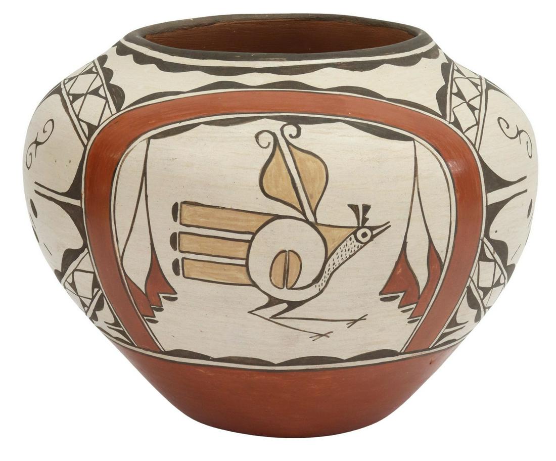KATHY PINO ZIA PUEBLO POTTERY OLLA, 8"H, 10.25"D: Native American pottery olla, signed Kathy Pino (Zia Pueblo, New Mexico), polychrome decoration with the stylized Zia Bird or roadrunner, signed at the underside, approx 8"h, 10.25"diam, 6lbs Start Pr
