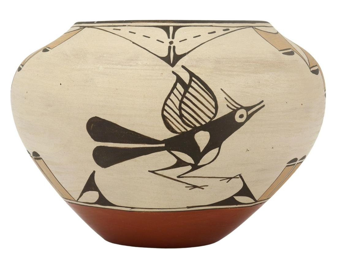 REYES PINO (B.1950) ZIA OLLA POTTERY, 7.25"H, 10"D: Native American pottery olla, signed Reyes Pino (Zia Pueblo, New Mexico, b.1950), polychrome decoration with the Zia Bird or roadrunner, signed at underside, approx 7.25"h, 10"diam, 5.25lbs Start Pric