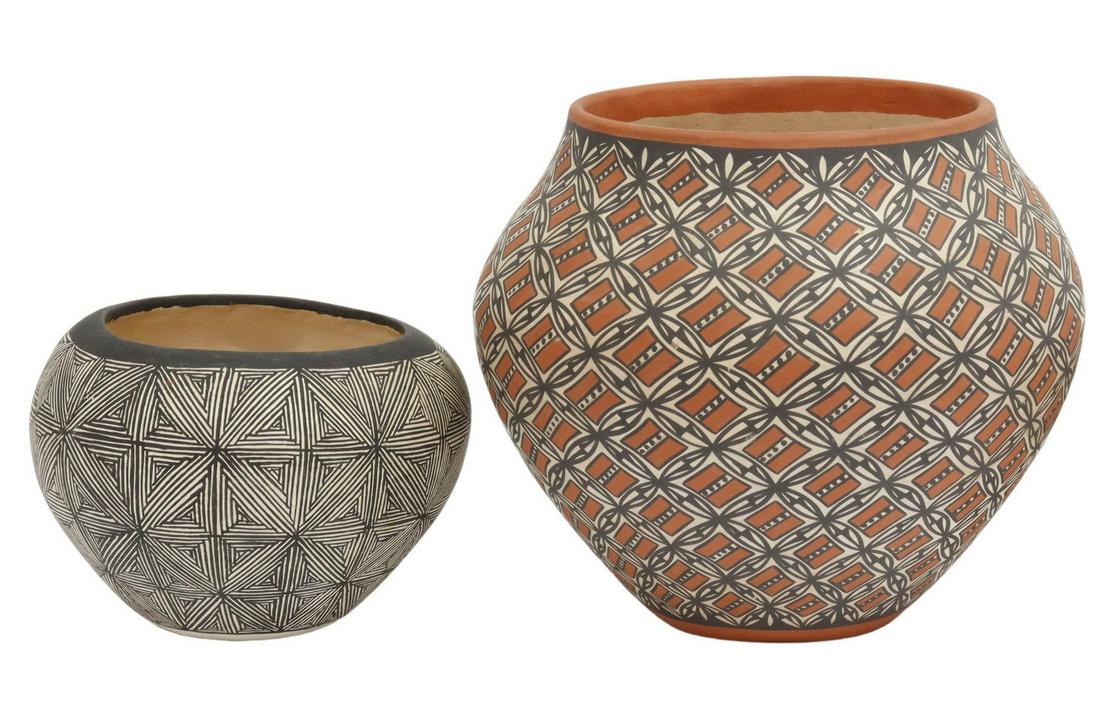 (2) NATIVE AMERICAN NEW MEXICO PUEBLO POTTERY: (lot of 2) Native American pottery jars, New Mexico, including: (1) L. Antonio (Acoma Pueblo), geometric design executed in red, black, and white slips, approx 6"h, 7"diam, (1) L.C. (Laguna Pueblo), b