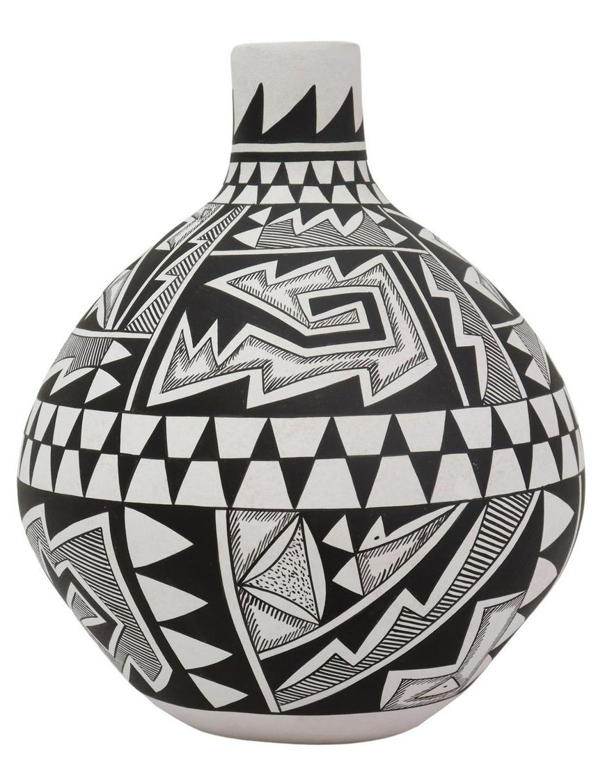 WESTLY BEGAYE (B.1965) NAVAJO PAINTED POTTERY VASE: Native American painted pottery vase, signed Westly B. (Westly Begaye, Navajo/ Dine, b.1965), having globular body with narrow neck, decorated in black geometric 'Mimbres' design on white ground, appr