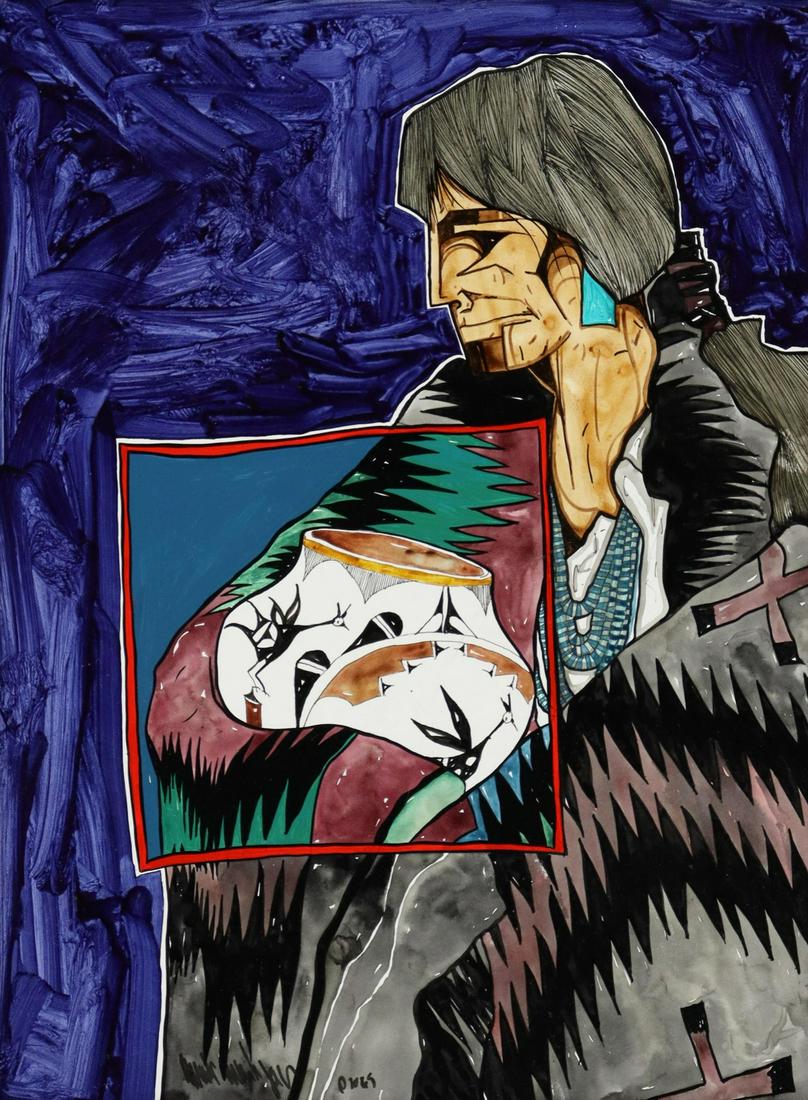 AMADO MAURILIO PENA (B.1943) 'OLLA CON PAJARITO': Framed acrylic on gessobord painting, "Olla Con Pajarito," from the "Mestizo Series," signed lower center Amado Maurilio Pena, Jr. (Texas, Arizona, b.1943), titled and dated 2016 on label verso, sight