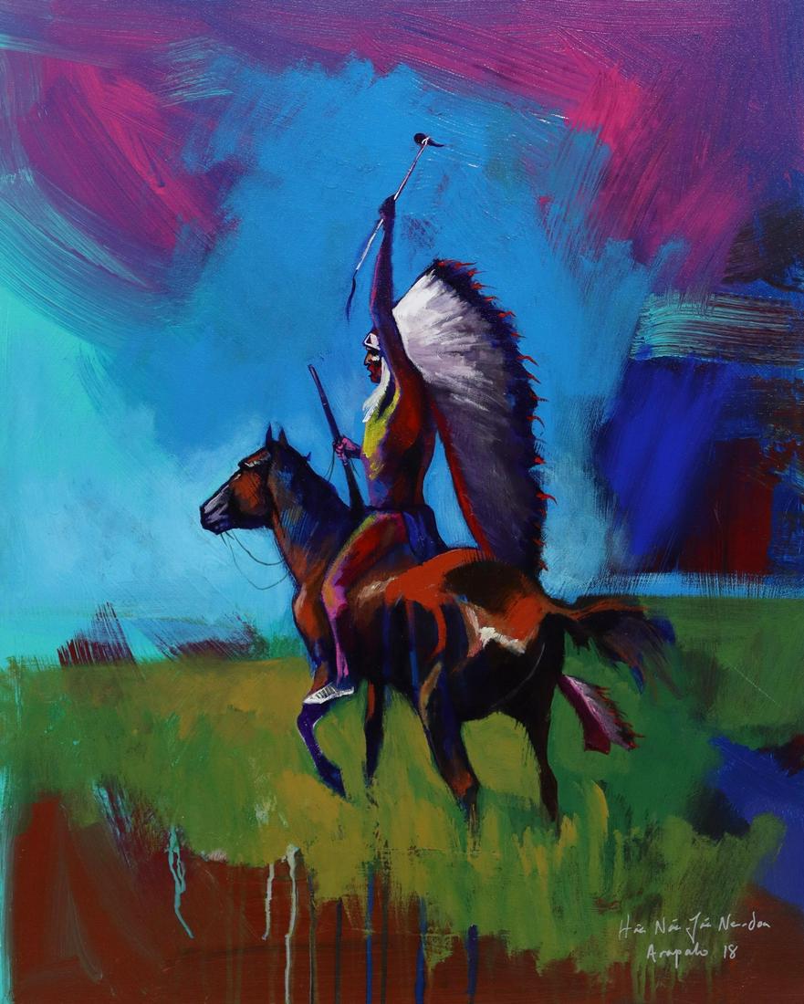BRENT LEARNED CHEYENNE ARAPAHO PAINTING, 30" X 24": Unframed acrylic on stretched canvas painting, Arapaho, signed lower right Haa-Naa-Jaa-Ne-Doa (Brent Learned, Cheyenne/ Arapaho, Oklahoma, 20th c.), dated 2018, approx 30"h, 24"w, 2lbs **Provenance: L