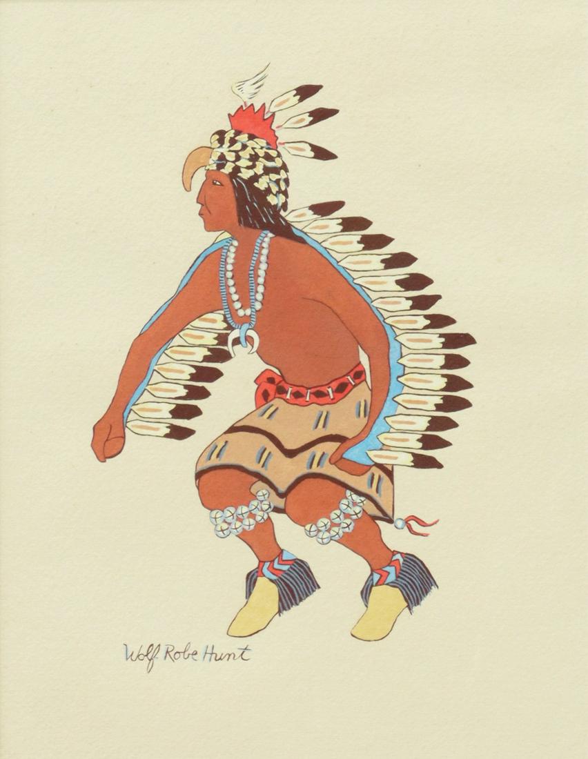 WOLF ROBE HUNT (ACOMA, 1905-1977) EAGLE DANCER: Framed tempera painting on paper, Eagle Dancer, signed lower left Wolf Robe Hunt (Wayne Henry Hunt, Acoma, 1905-1977), sight: 12.75"h, 9.75"w, overall: 23.25"h, 20.25"w, 6.25lbs **Provenance: Liquidat