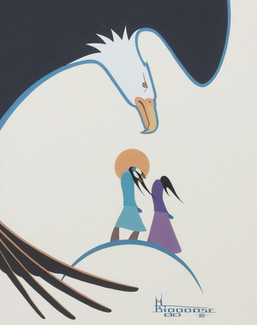 MARS BIGGOOSE (PONCA, 1943-2000) EAGLE PAINTING: Framed tempera painting on paper, "The Eagle Watches Over Me," signed lower right M. Biggoose (Mars Biggoose, Ponca Tribe, Oklahoma, 1943-2000), dated 1998, titled verso, sight: 19"h, 15"w, overall: 2