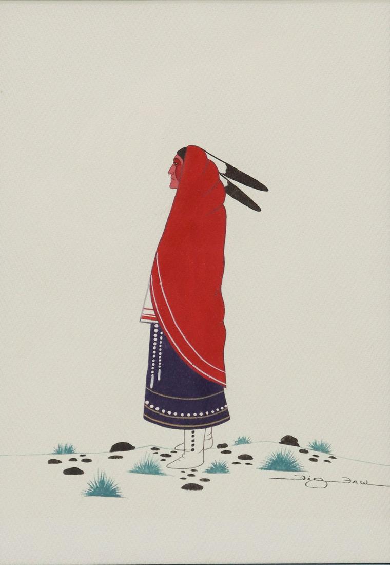 WOODY BIG BOW (KIOWA, 1914-1988) TEMPERA PAINTING: Framed tempera painting on paper, Native American Woman, signed lower right Big Bow (Woodrow "Woody" Wilson Big Bow, Tse Ko Yate, Kiowa, Oklahoma, 1914-1988), sight: 14"h, 10"w, overall: 22.5"h, 18.5"