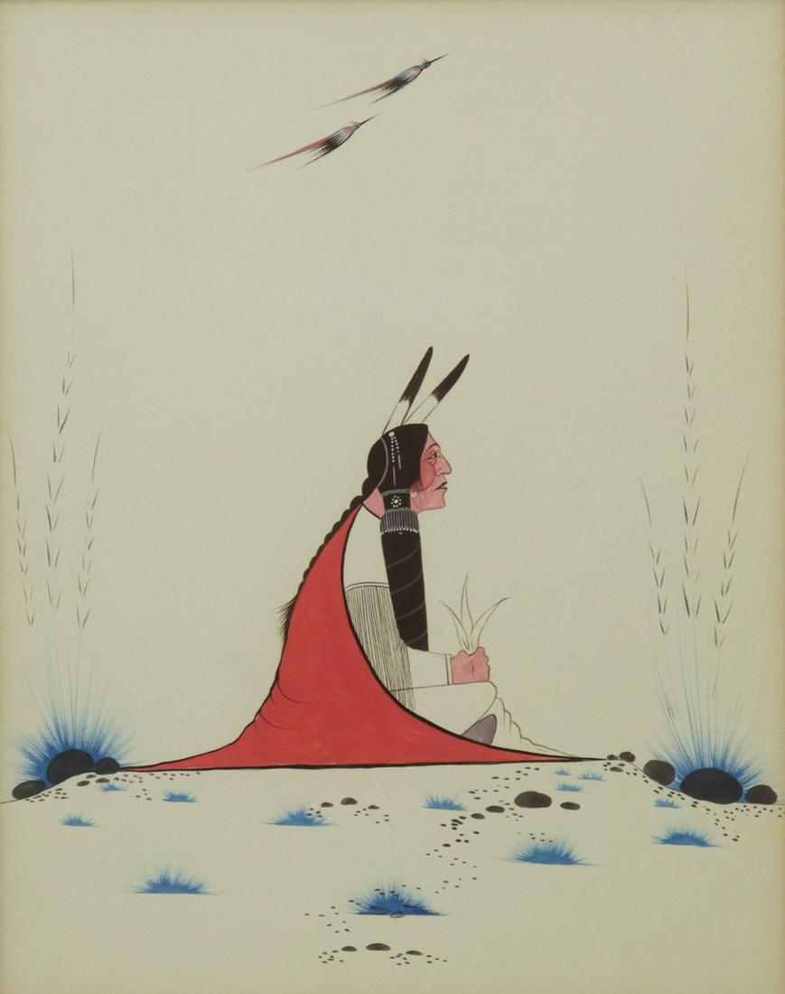 WOODY BIG BOW (KIOWA, 1914-1988) TEMPERA PAINTING: Framed tempera painting on paper, Seated Man with Birds, signed lower center Big Bow (Woodrow "Woody" Wilson Big Bow, Tse Ko Yate, Kiowa, Oklahoma, 1914-1988), sight: 18.5"h, 14.5"w, overall: 27.75"h,