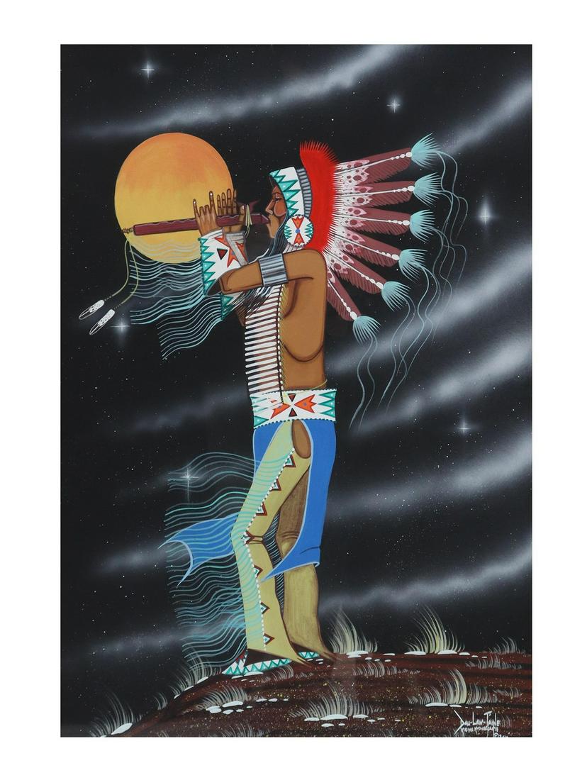 DAU-LAW-TAINE (DARWIN TSOODLE B.1964) FLUTE PLAYER: Framed acrylic on board painting, Native American Flute Player, signed lower right Dau-Law-Taine (Darwin Cabiness Tsoodle, Kiowa/ Apache, Oklahoma, b.1964), dated 2010, sight: 28.5"h, 21"w, overall: 4