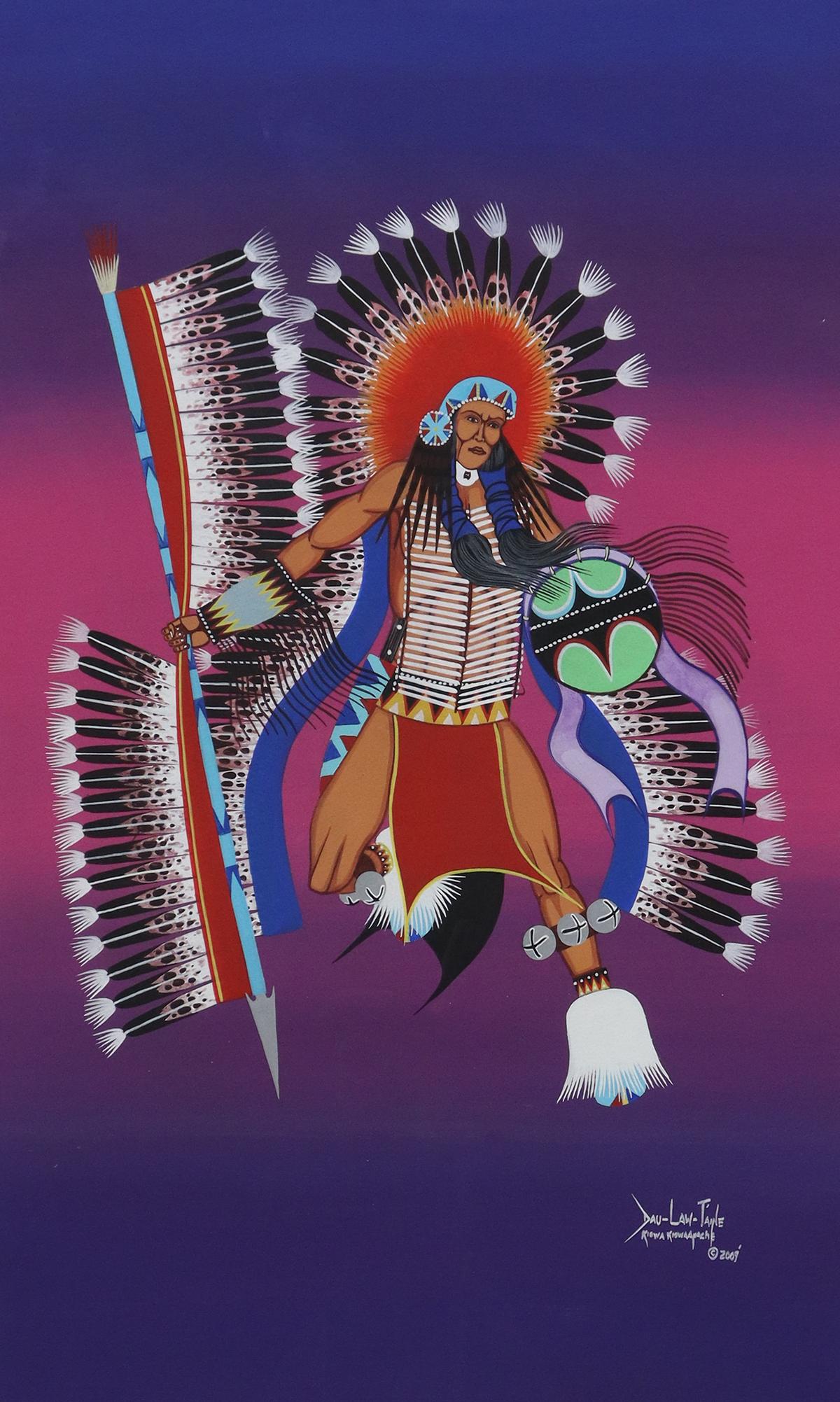 DAU-LAW-TAINE (DARWIN TSOODLE, B.1964) DANCER: Framed acrylic on board painting, Native American Dancer, signed lower right Dau-Law-Taine (Darwin Cabiness Tsoodle, Kiowa/ Apache, Oklahoma, b.1964), dated 2009, sight: 30.5"h, 18.5"w, overall: 45"h,