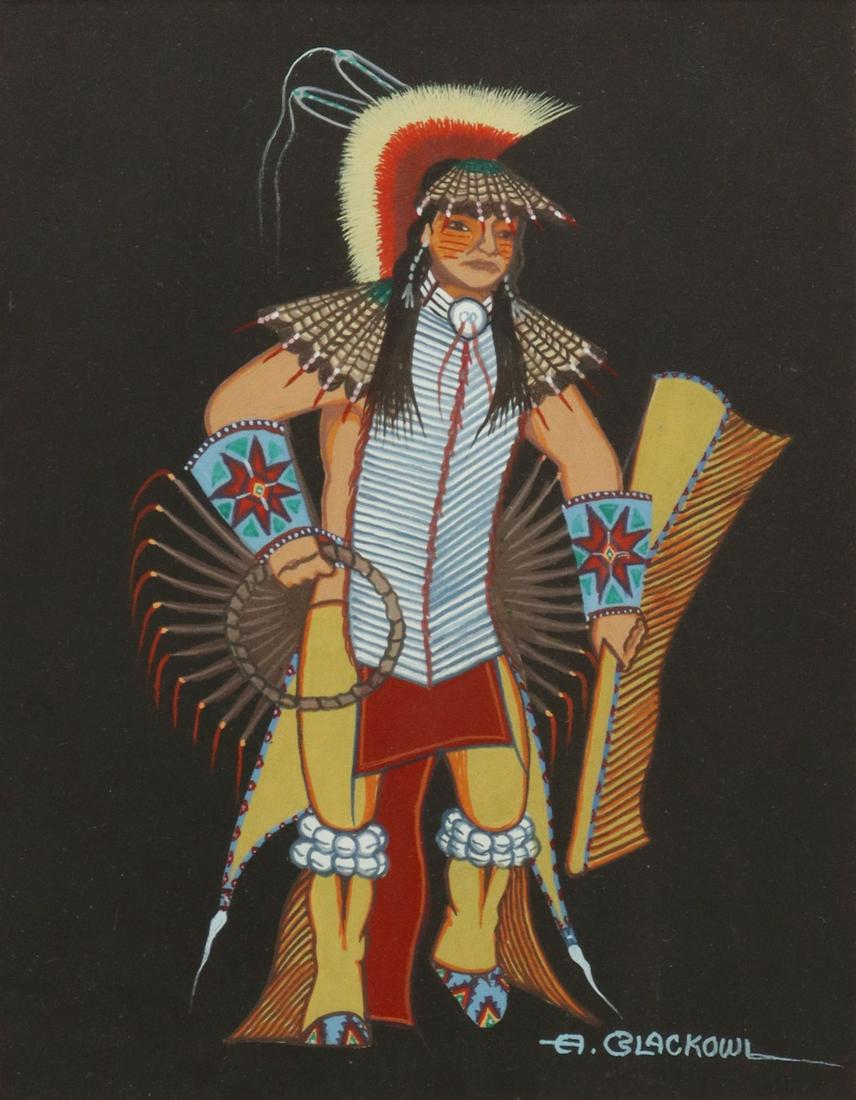 ARCHIE BLACKOWL (1911-1992) CHEYENNE DANCER: Framed tempera painting on paper, Dancer, signed lower right A. Blackowl (Archie Blackowl, Cheyenne, Oklahoma, 1911-1992), sight: 12.5"h, 9.75"w, overall: 22.75"h, 20"w, 6.5lbs **Provenance: Liquidati