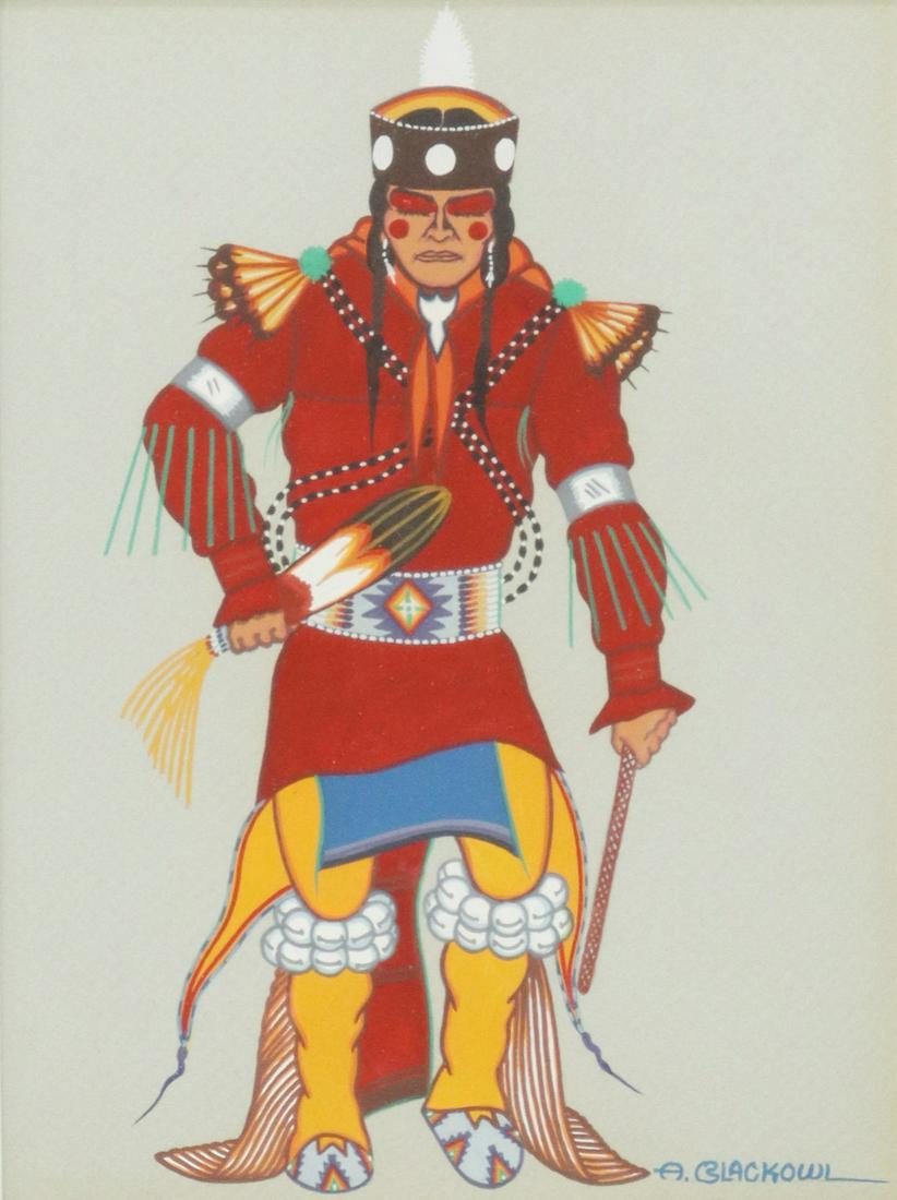 ARCHIE BLACKOWL (1911-1992) CHEYENNE DANCER: Framed tempera painting on paper, Dancer, signed lower right A. Blackowl (Archie Blackowl, Cheyenne, Oklahoma, 1911-1992), sight: 11.25"h, 8.25"w, overall: 23.5"h, 20.5"w, 7.25lbs **Provenance: Liquid