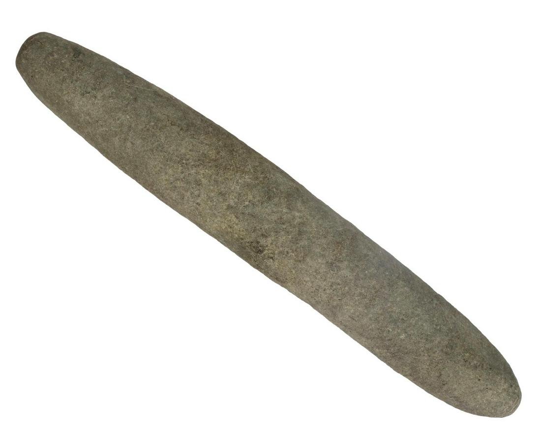 LARGE PREHISTOIC STONE PESTLE, VERMONT: Prehistoric river rock pestle found near Rupert, Vermont, possibly Mohician, approx. 17"l, 8.5" circumference, 6.55lbs *Provenance: Estate of James E. Rubins (1916-2006), a longtime teacher whose earl