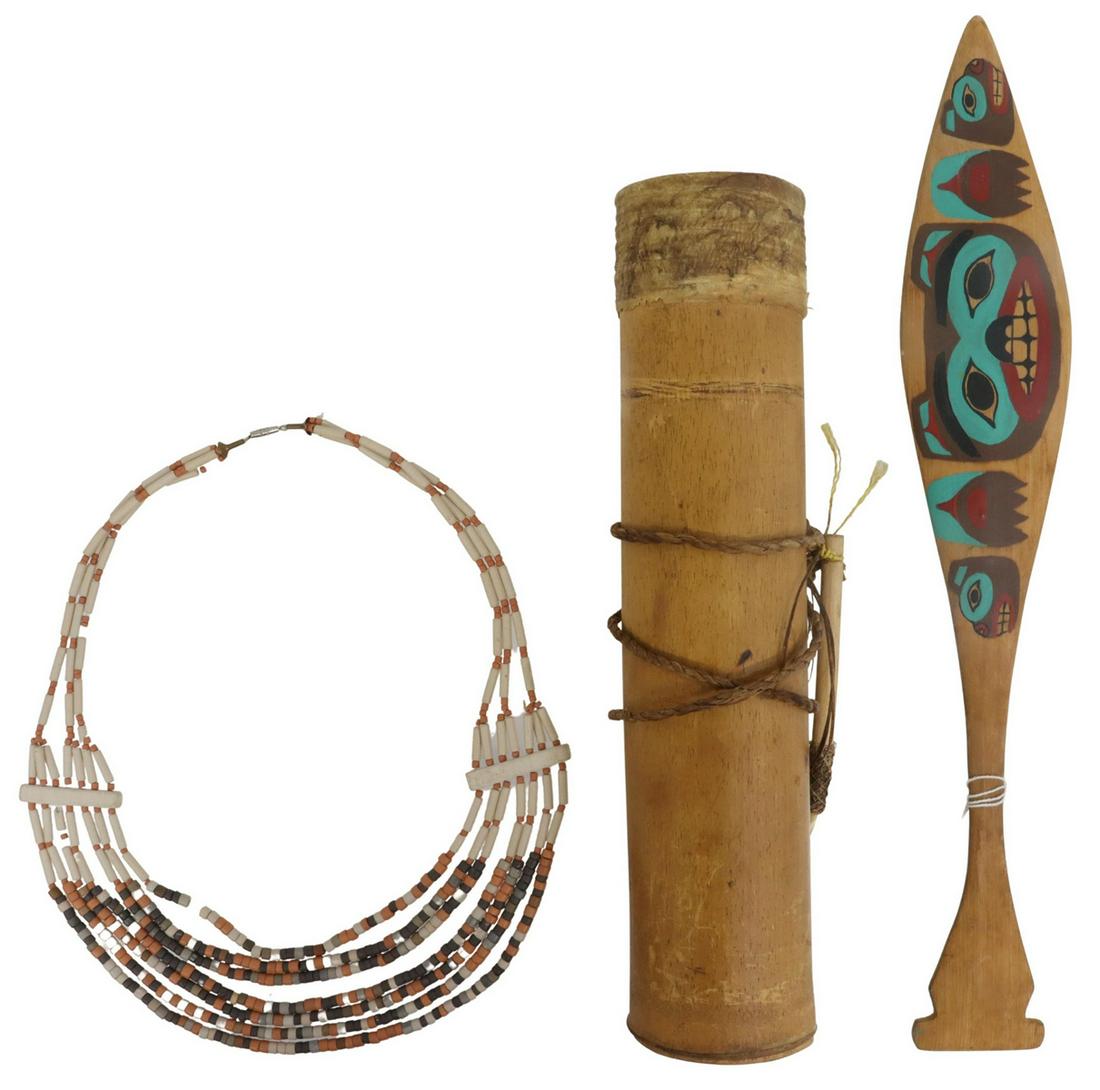 (3) COLLECTION OF NATIVE AMERICAN & OTHER ITEMS: (lot of 3) Collection of Native American and other items, mid to late 20th c., comprising: (1) Amazonian bamboo and hide quiver, the handle attached to fiber cord, dart and spear tips contained within