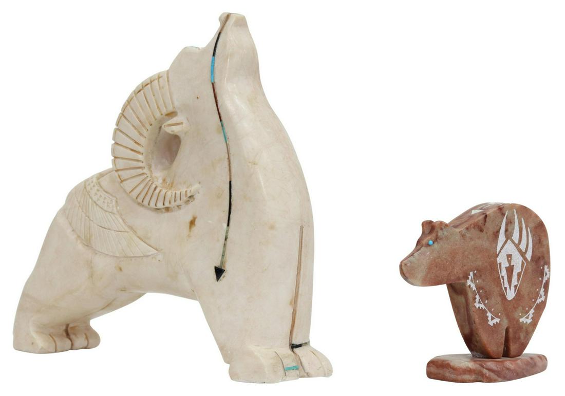 (2) NATIVE AMERICAN CARVED ALABASTER SCULPTURES: (lot of 2) Native American carved stone sculptures, including: (1) alabaster ram, likely Navajo, with inlaid eyes, heartline, an eagle at his back, small chips to nose and hooves, approx 9.5"h, 10.5"l
