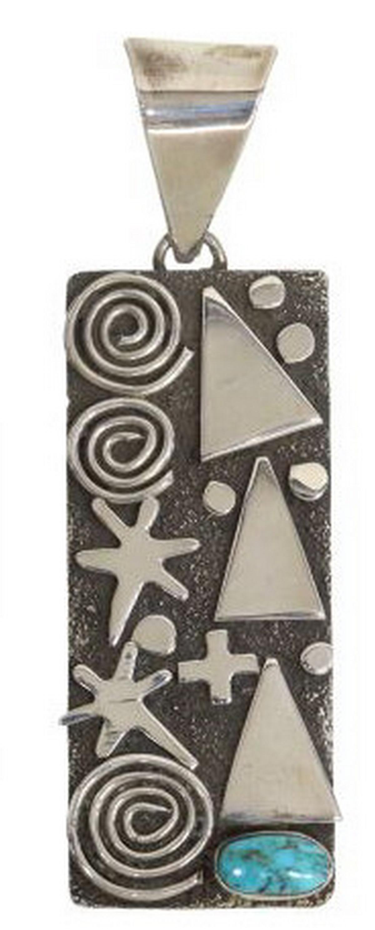 ALEX SANCHEZ NAVAJO STERLING PETROGLYPH PENDANT: Native American sterling silver petroglyph pendant, signed Alex Sanchez (Navajo, b. 1969), four directions, dragonfly, and spiral design, small bezel set turquoise stone to the lower right, stampwork 