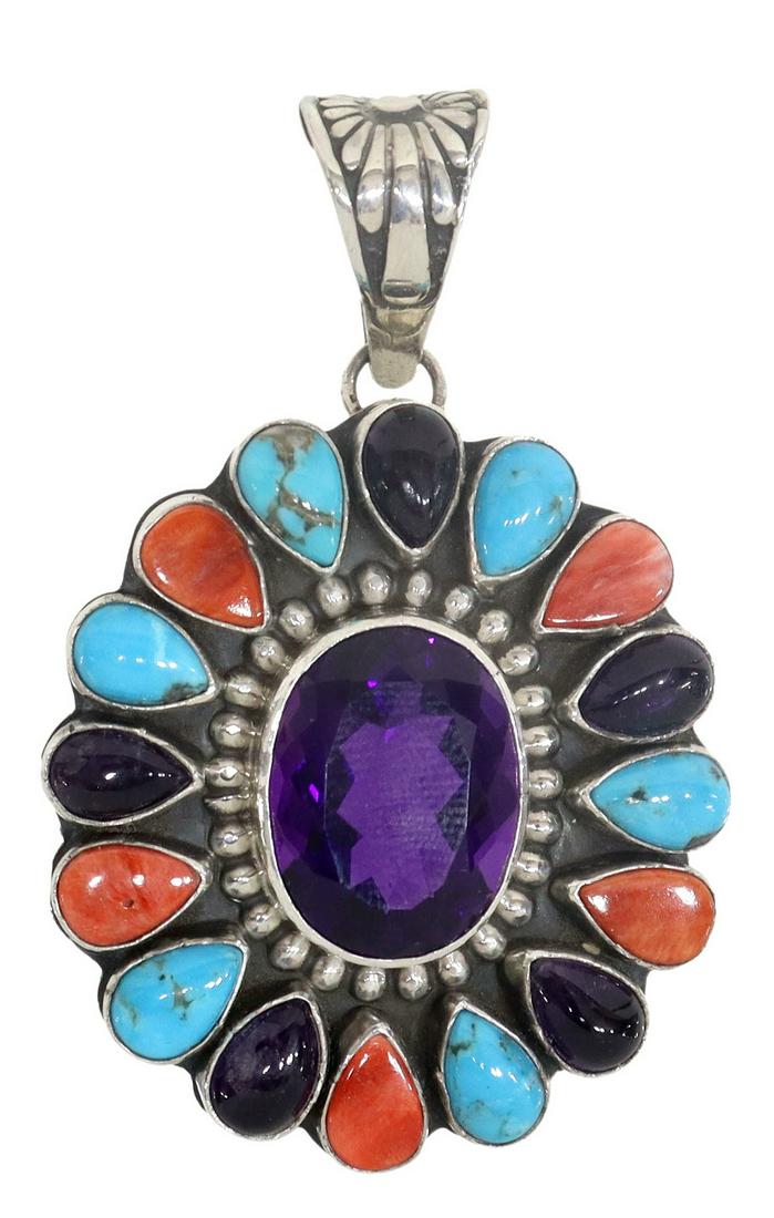 EDITH JAMES NAVAJO/DINE STERLING GEMSET PENDANT: Native American sterling silver multi-stone pendant, partial signature, Edith James (Navajo, DinÃ©, 20thc), a surround of (sixteen) pear shape amethyst, spiny oyster and turquoise stones, enclose a 