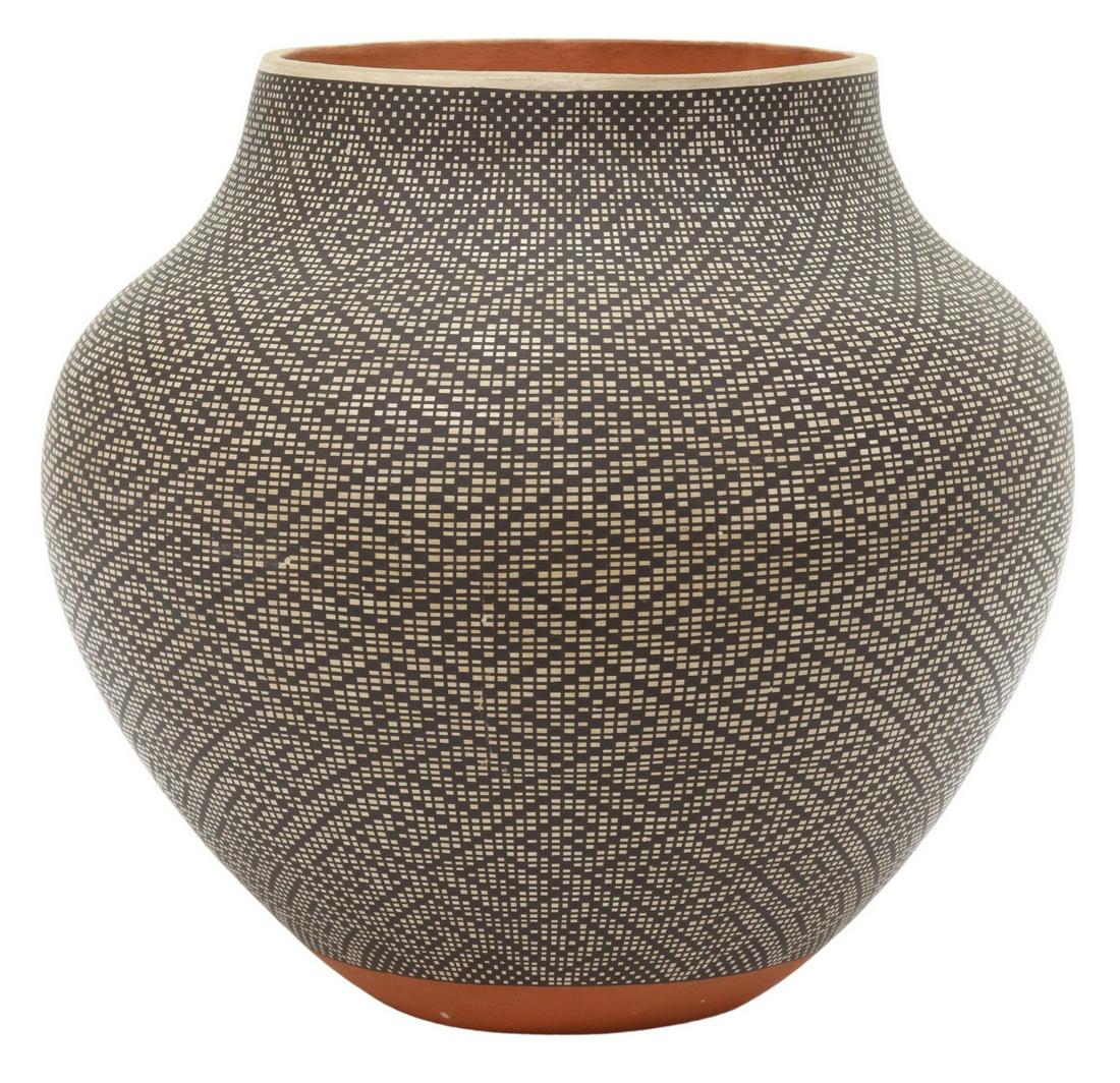 FREDERICA ANTONIO (B.1968) ACOMA FINE LINE JAR: Native American pottery vessel, F.V. Antonio (Frederica Antonio, Acoma Pueblo, New Mexico, b.1968), with intricate black-and-white design, small area of slip loss at neck, approx 8"h, 8.5"diam, 2.25lb