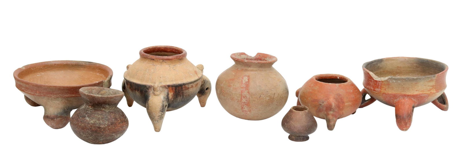 (7) PRE-COLUMBIAN EARTHENWARE POTTERY VESSELS: (lot of 7) Pre-Columbian earthenware pottery vessels, Costa Rica and Mexico, c.400-1500 A.D., including: (1) red-rimmed tripod bowl, in burnished black and red decoration, rising on bulbous legs, smal