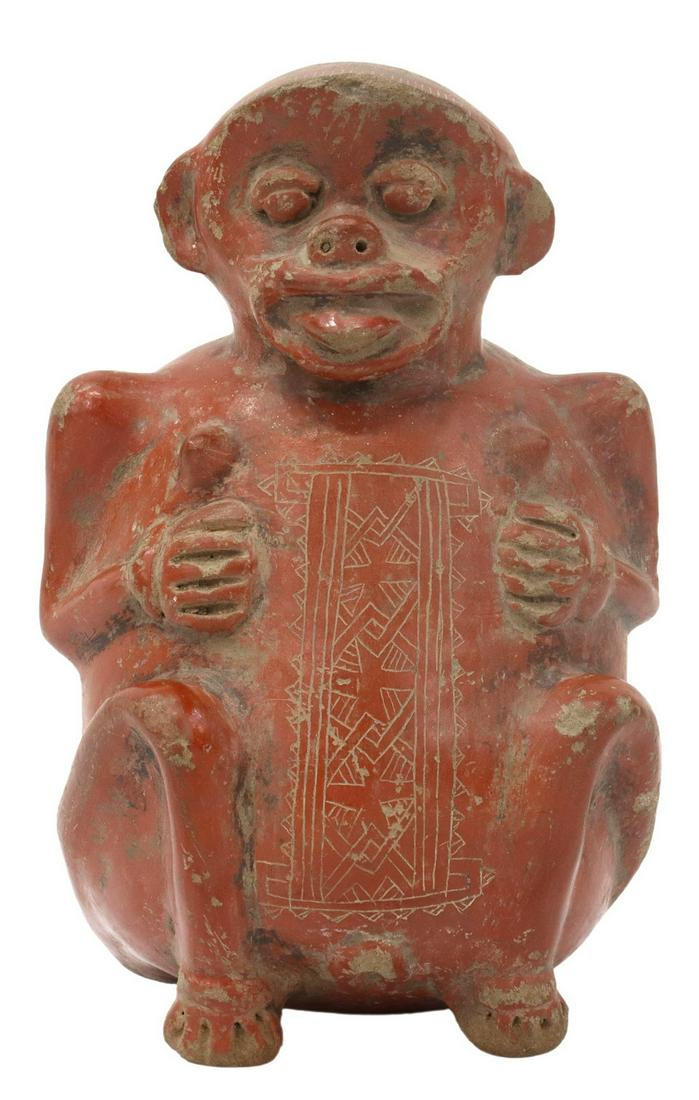PRE-COLUMBIAN MONKEY FORM EFFIGY VESSEL, COLOMBIA: Colombian pottery monkey-form effigy vessel, Calima, c.200 B.C.-400 A.D., with burnished red surface, sculpted features, incised geometric patterns front and back, approx 9.25"h, 6"h, 7"d, 3.75lbs Sta
