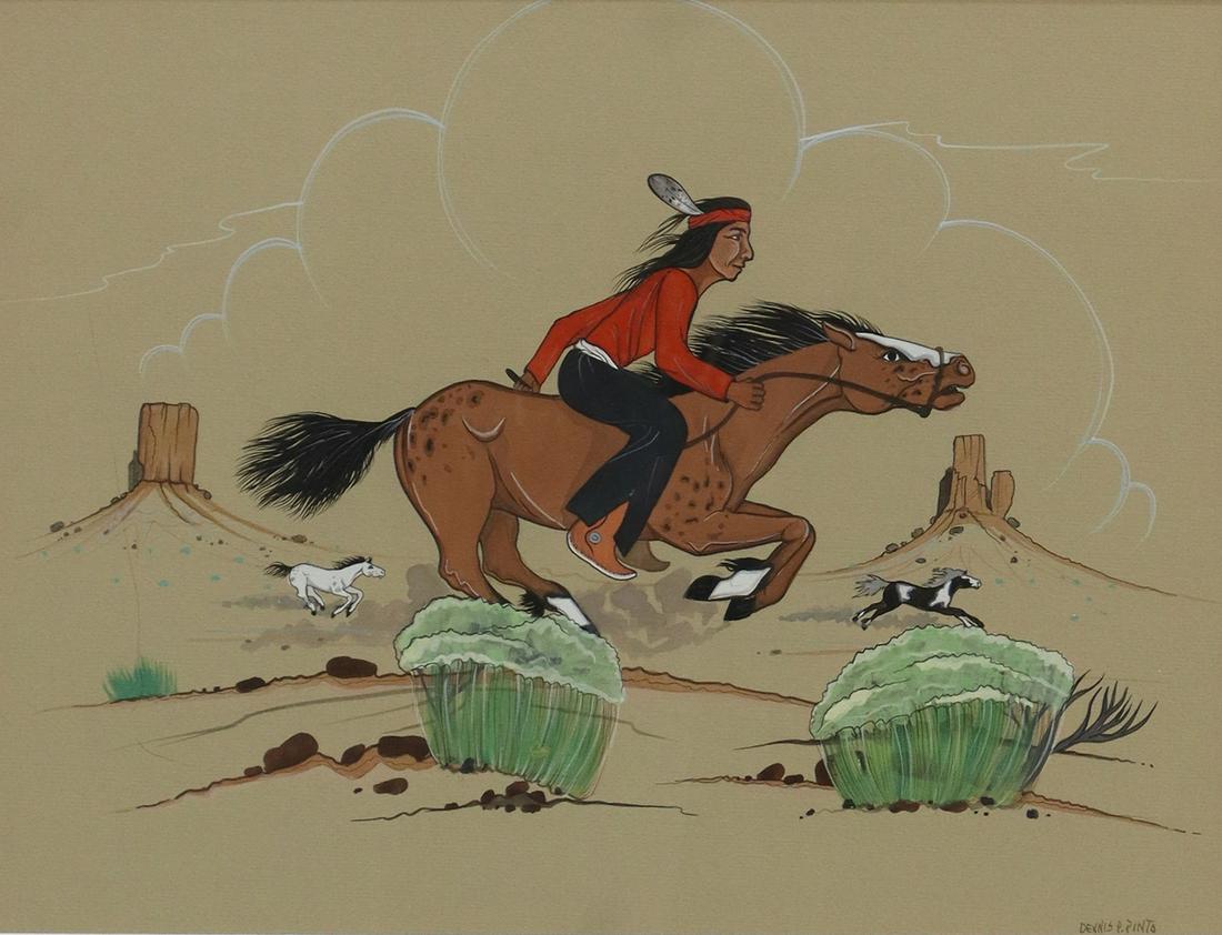 DENNIS PAUL PINTO (NAVAJO/ DINE) TEMPERA PAINTING: Framed tempera painting on paper, Native American Man on Horseback, signed lower right Dennis P. Pinto (Dennis Paul Pinto, Navajo/ Dine, 20th c.), sight: 12.75"h, 16.75"w, overall: 24.75"h, 28.75"w, 1
