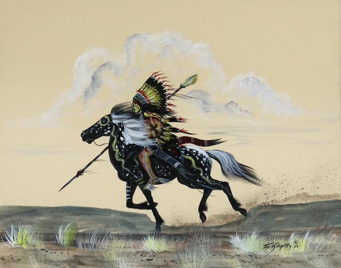 TIM SAUPITTY COMANCHE ON HORSEBACK W/C: Framed watercolor and gouache painting on paper, Figure on Horseback, signed lower right Tim Saupitty (Comanche Tribe, Oklahoma, 20th c.), dated 2009, sight: 15"h, 19.5"w, overall: 27"h, 31"w, 9lbs **