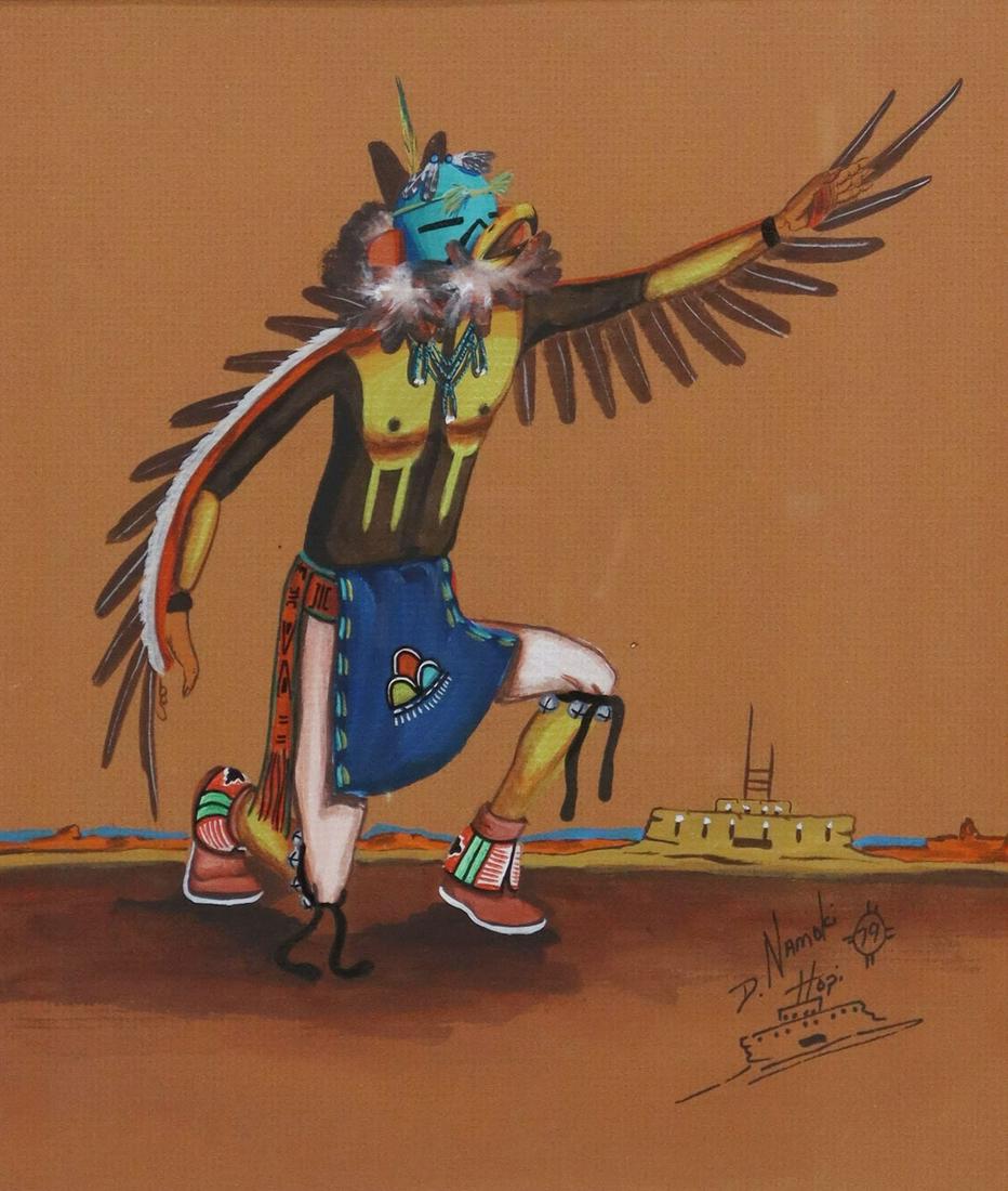 DANIEL NAMOKI HOPI EAGLE DANCER PAINTING: Framed gouache painting on board, The Eagle Dancer, signed lower right D. Namoki (Daniel Namoki, Hopi, 20th c.), dated 1979, sight: 13.5"h, 11.5"w, overall: 25.75"h, 23.75"w, 8lbs **Provenance: Liquid