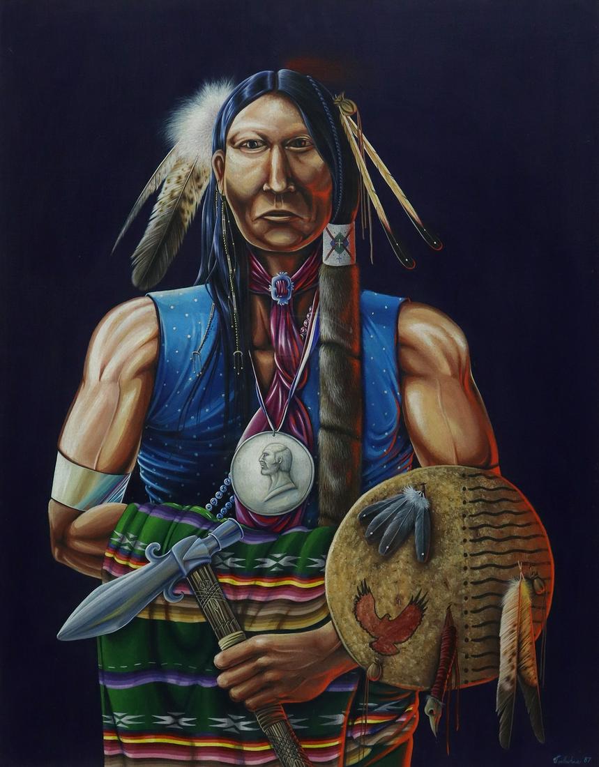 JEFF YELLOWHAIR (KIOWA) PORTRAIT PAINTING: Framed acrylic painting on board, Native American Man with Medal, signed lower right J. Yellowhair (Jeff Yellowhair, Tone-Bawt, Kiowa, Oklahoma, 20th c.), dated 1987, sight: 29.25"h, 22.75"w, overall: