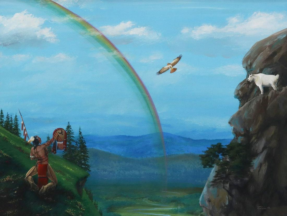 JEFF YELLOWHAIR (KIOWA) LANDSCAPE PAINTING: Framed watercolor and gouache painting on paper, Landscape with Rainbow, signed lower right J. Yellowhair (Jeff Yellowhair, Tone-Bawt, Kiowa, Oklahoma, 20th c.), sight: 21.25"h, 28.25"w, overall: 30"h