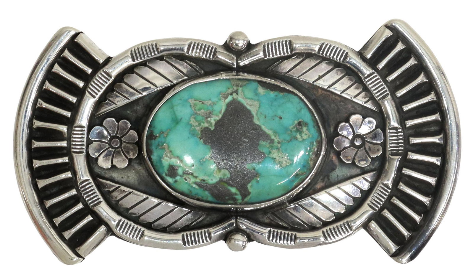 NATIVE AMERICAN SILVER & TURQUOISE BELT BUCKLE: Native American silver (content unknown) belt buckle, likely Navajo, with bezel-set turquoise cabochon, worked feather and flower designs, engraved initials and numbers verso, approx 1 5/8"h, 3"w, 45 
