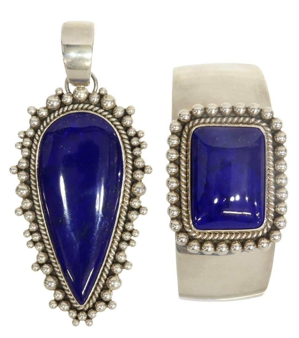(2) ARTIE YELLOWHORSE NAVAJO LAPIS PENDANT & CUFF: (lot of 2) Native American sterling silver jewelry, Artie Yellowhorse (Navajo, 20th c.), bezel-set lapis lazuli, framed by twisted wire, beads, including: (1) pendant, approx 3.25"l, 1.5"w (measuremen