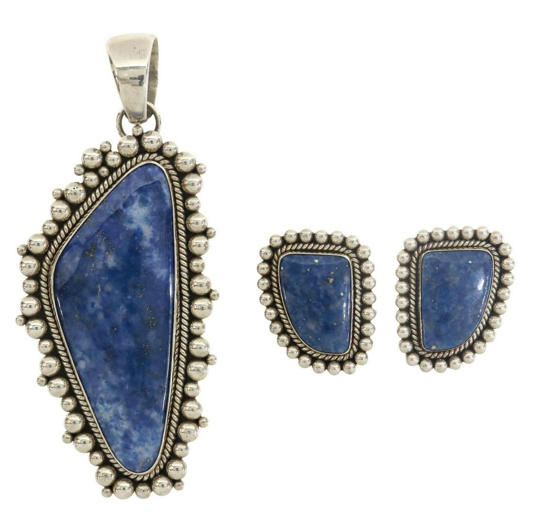 (2) ARTIE YELLOWHORSE NAVAJO PENDANT & EARRINGS: (lot of 2) Native American sterling silver jewelry, Artie Yellowhorse (Navajo, 20th c.), bezel-set blue stone, possibly sodalite, framed by twisted wire, beads, including: (1) pendant, approx 3.5"l, 1