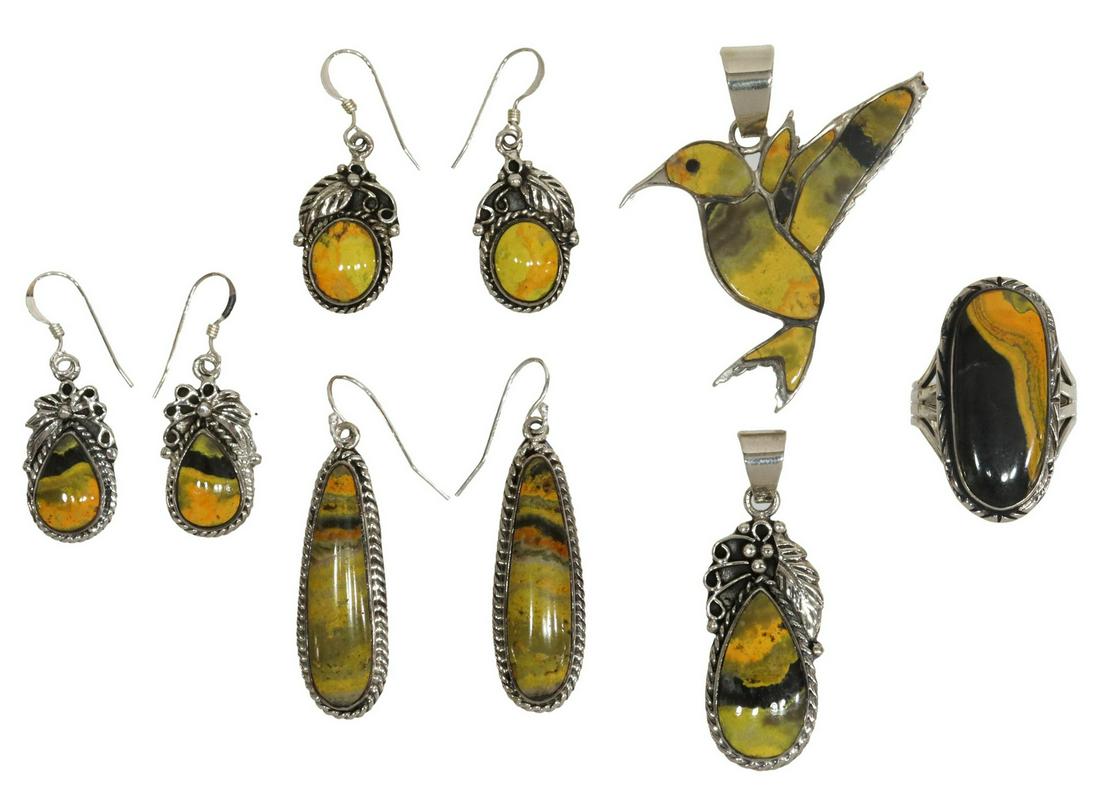 6) NATIVE AMERICAN SILVER BUMBLEBEE JASPER JEWELRY: (lot of 6) Native American sterling silver and bumblebee jasper jewelry, signed J, including: (1) hummingbird pendant, approx 1 7/8"l, 1 5/8"w, (1) ring, approx size 7.5, (pair) earrings, for pierced