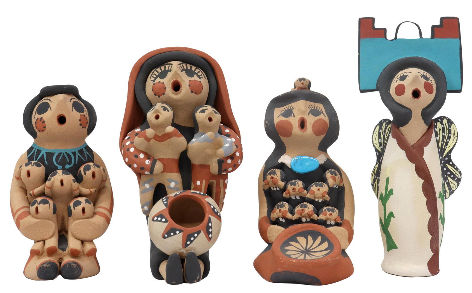 (4) JEMEZ PUEBLO NATIVE AMERICAN STORYTELLERS: (lot of 4) Native American storytellers, Jemez Pueblo, polychrome painted pottery figures, comprising: (1) corn maiden, with large headdress and butterfly wings, signed Cheryl Fragua (New Mexico, b.19