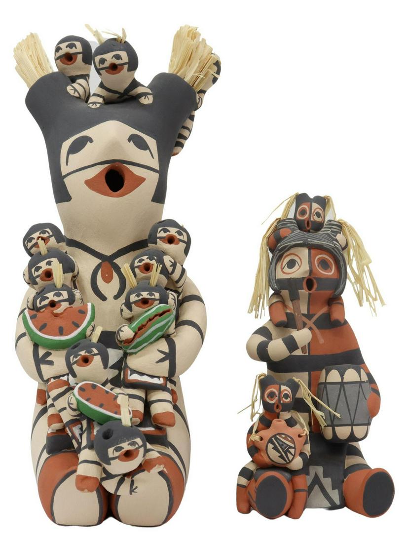 (2) NATIVE AMERICAN JEMEZ PUEBLO STORYTELLERS: (lot of 2) Native American storytellers, Jemez Pueblo, polychrome painted pottery with fiber accents, comprising: (1) signed Judy Toya (New Mexico, 20th c.), depicting large figure with eleven small c