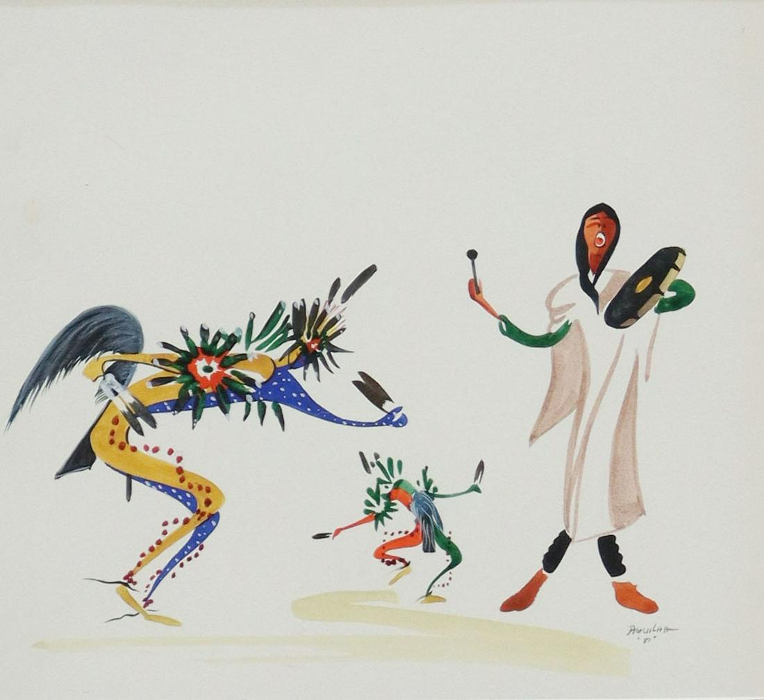JOSE VICENTE AGUILAR (B.1924) SAN ILDEFONSO W/C: Framed watercolor painting on paper, Pueblo Dancers and Musicians, signed lower right Aguilar (Jose Vicente Aguilar, Sua Peen, San Ildefonso Pueblo, b.1924), dated 1951, sight: 7"h, 7.75"w, overall: 2
