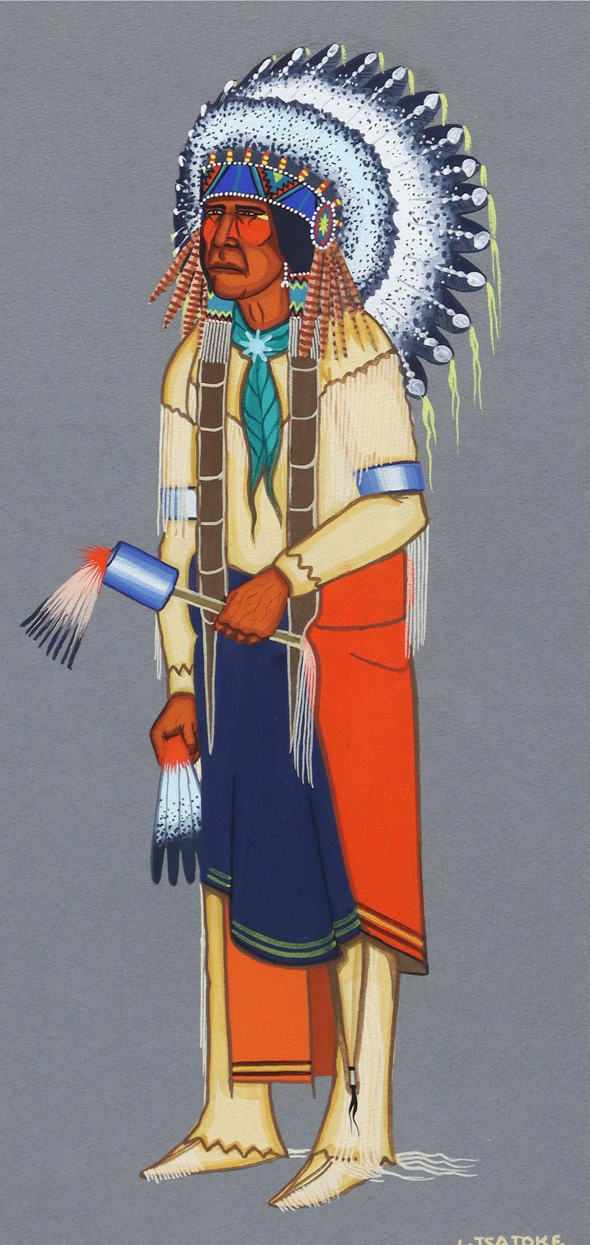 LEE MONETTE TSATOKE (1929-1985) KIOWA GOURD DANCER: Framed tempera painting on paper, "Kiowa Gourd Dancer," signed lower right L. Tsatoke (Lee Monette Tsatoke, Kiowa, Oklahoma, 1929-1985), sight: 17"h, 9"w, overall: 25"h, 17"w, 5lbs **Provenance: Liqui