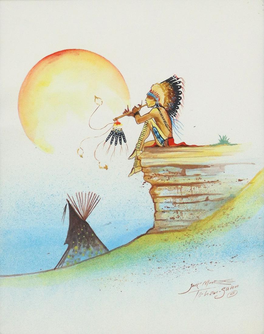 JACK MOORE (TO-HAU-SAHN) FLUTE PLAYER WATERCOLOR: Framed watercolor painting on paper, Native American Flute Player, signed lower right Jack Moore, To-Hau-Sahn (Kiowa/ Otoe, Oklahoma, 1953-2000), sight: 13.5"h, 10.5"w, overall: 25.75"h, 22.75"w, 7.5l