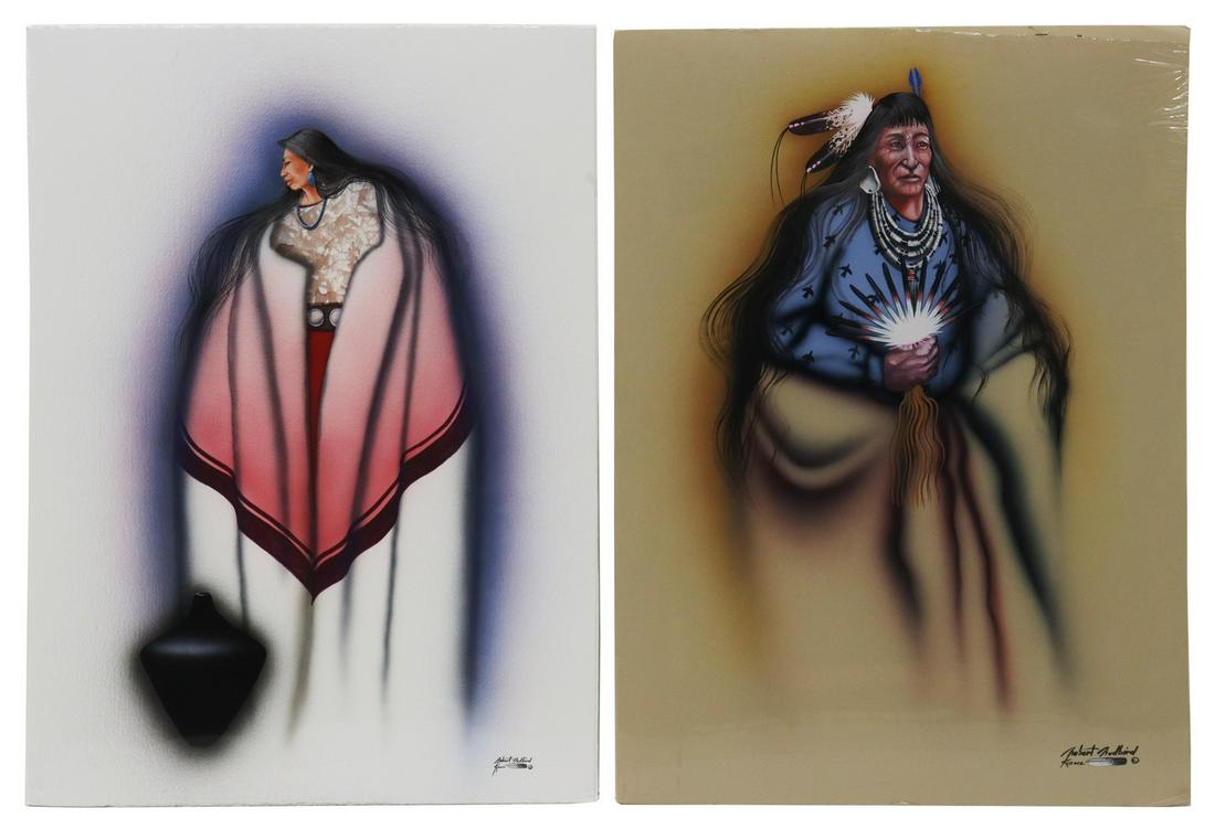 (2) ROBERT REDBIRD (D.2016) MIXED MEDIA PAINTINGS: (lot of 2) Unframed mixed media paintings on paper, Robert Redbird, Sr. (Kiowa Pueblo, Arizona, 1939-2016), comprising: (1) "Pow Wow Singer," signed lower right, approx 30"h, 22.25"w; (1) "Kiowa Water