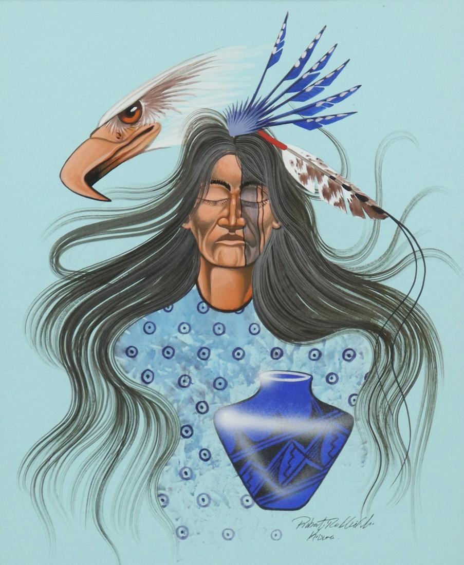ROBERT REDBIRD, JR. (KIOWA) MIXED MEDIA PAINTING: Framed mixed media painting on paper, Native American Man with Eagle, signed lower right Robert Redbird, Jr. (Kiowa, Oklahoma, b.1964), sight: 15.75"h, 13"w, overall: 27.25"h, 24.5"w, 9lbs **Provenanc