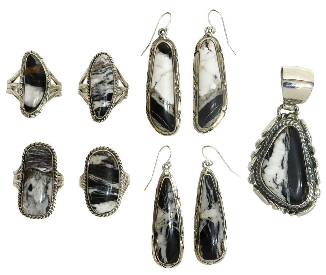 (7) NATIVE AMERICAN STERLING WHITE BUFFALO JEWELRY: (lot of 7) Native American sterling silver and white buffalo turquoise jewelry, including: (1) ring, signed J, bezel-set white buffalo turquoise, framed by twisted wire, split shank, approx size 6.5,