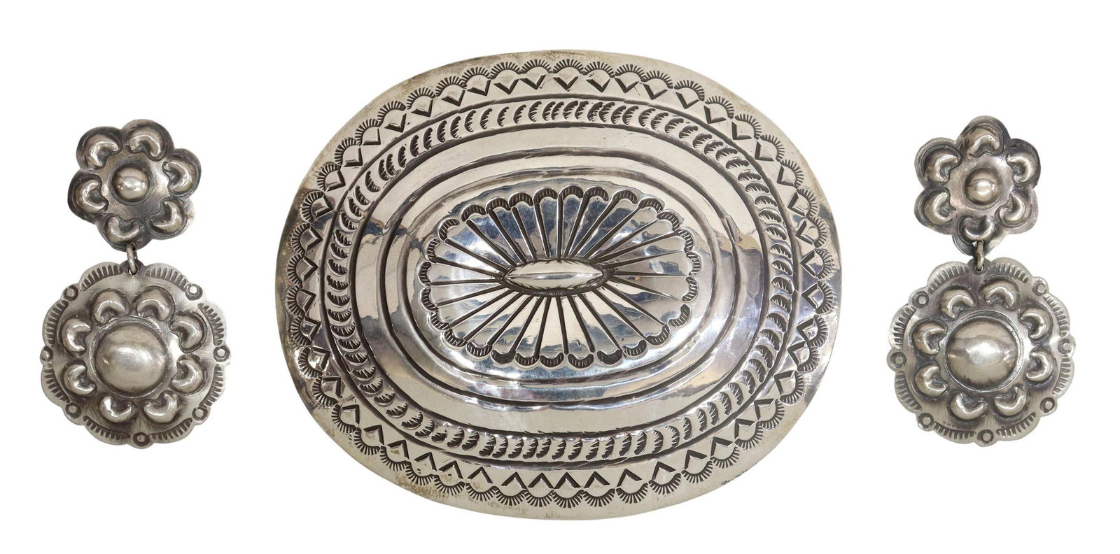 2)CARSON BLACKGOAT NAVAJO BUCKLE & SILVER EARRINGS: (lot) Native American and Southwest jewelry group: (1) sterling silver belt buckle, signed Carson B. (Carson Blackgoat, Navajo, 20thc.), stamped concho design, overall: approx 3.5"l, 2 7.8"w, accommod