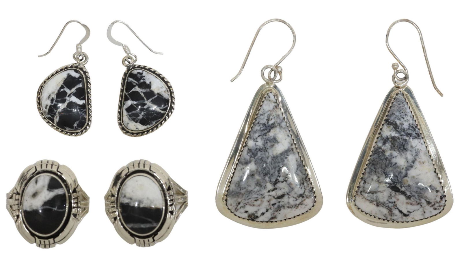 (4) NATIVE AMERICAN STERLING WHITE BUFFALO JEWELRY: (lot of 4) Native American sterling silver and white buffalo turquoise jewelry, including: (2) rings, signed J, (one) approx size 8, (one) approx size 9.5, (pair) earrings, signed R. Kee, approx 2.25"