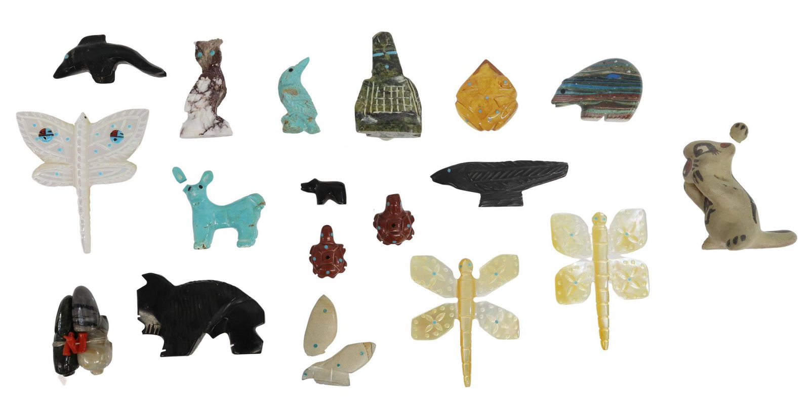 (18) NATIVE AMERICAN STONE & OTHER ANIMAL FETISHES: (lot of 18) Native American carved stone and other animal fetishes, highlights include: (3) mother of pearl dragonflies, (two) signed SP, (1) striated bear, (1) pottery squirrel, signed Margaret (b.19
