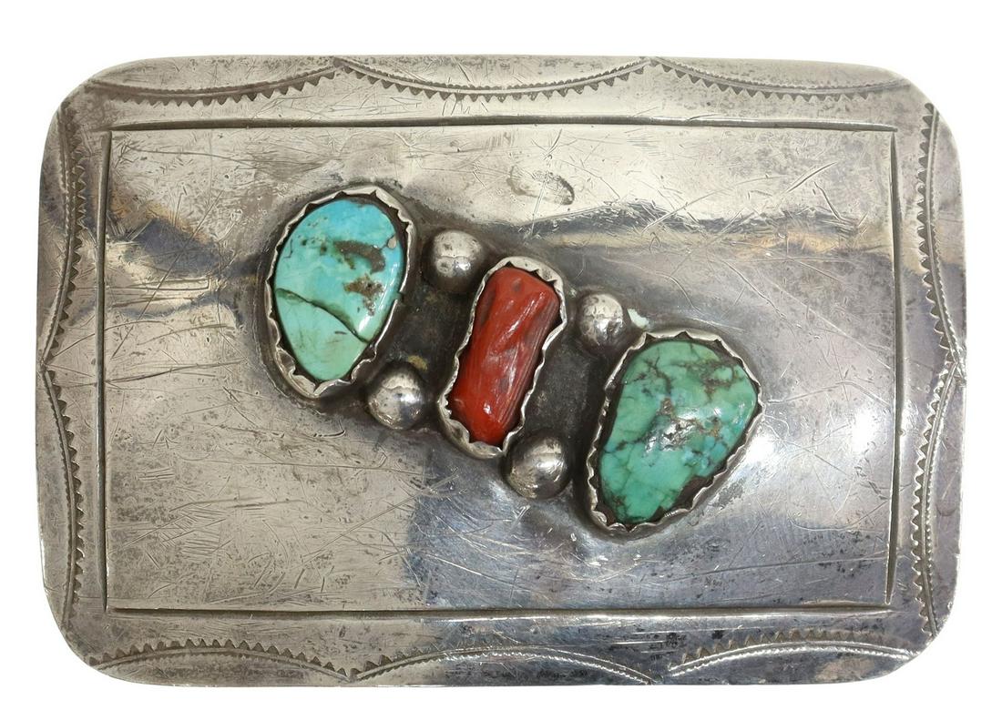 NATIVE AMERICAN SILVER TURQUOISE CORAL BELT BUCKLE: Native American silver (content unknown) belt buckle, likely Navajo, with stamped designs, bezel-set turquoise and red coral, (one) turquoise stone with hairline fracture (secure in bezel), approx 2"h