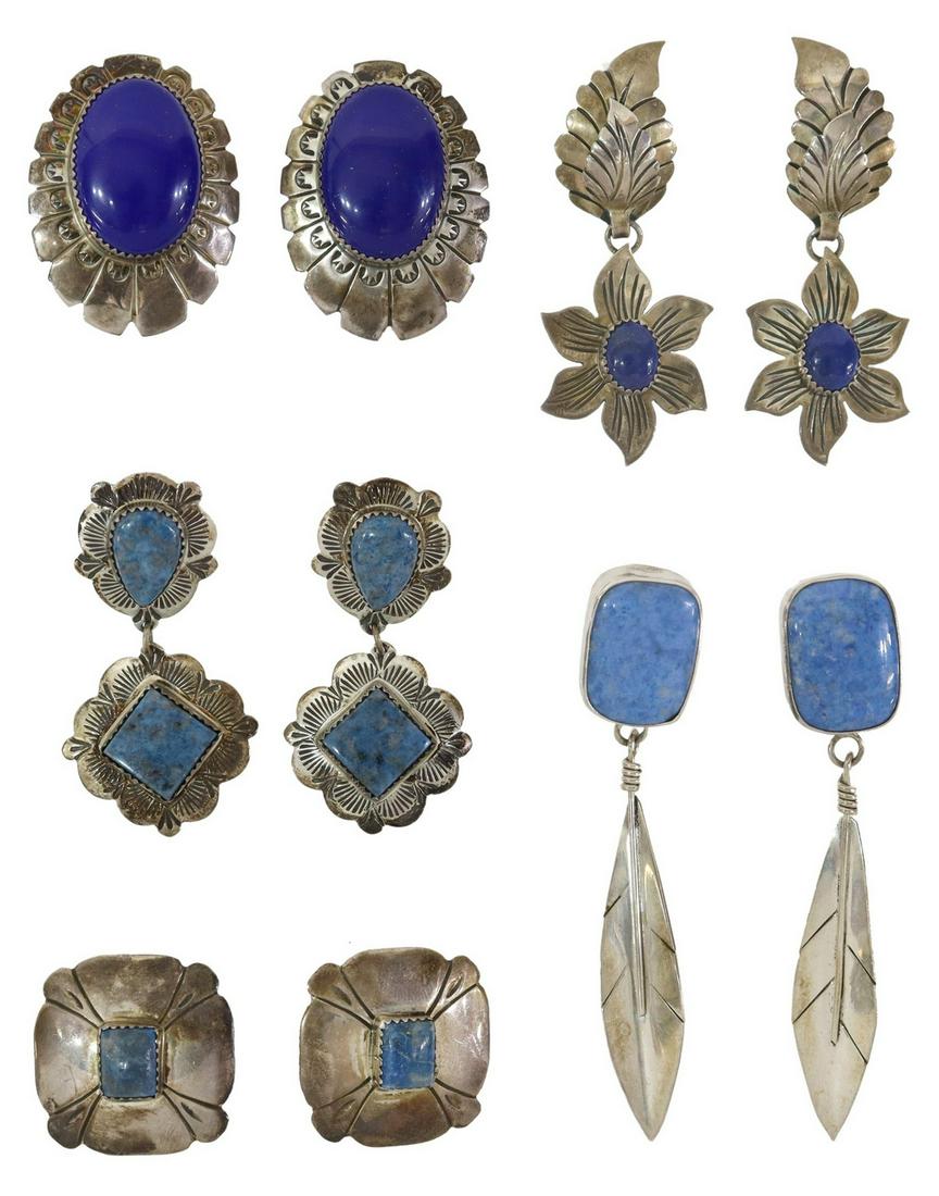 (5 PR) NATIVE AMERICAN & SOUTHWEST SILVER EARRINGS: (lot of 5 pairs) Native American and Southwest sterling silver and blue stone earrings, all for pierced ears, including: (pair) concho style, signed NS, with bezel-set lapis lazuli cabochon, approx 1 