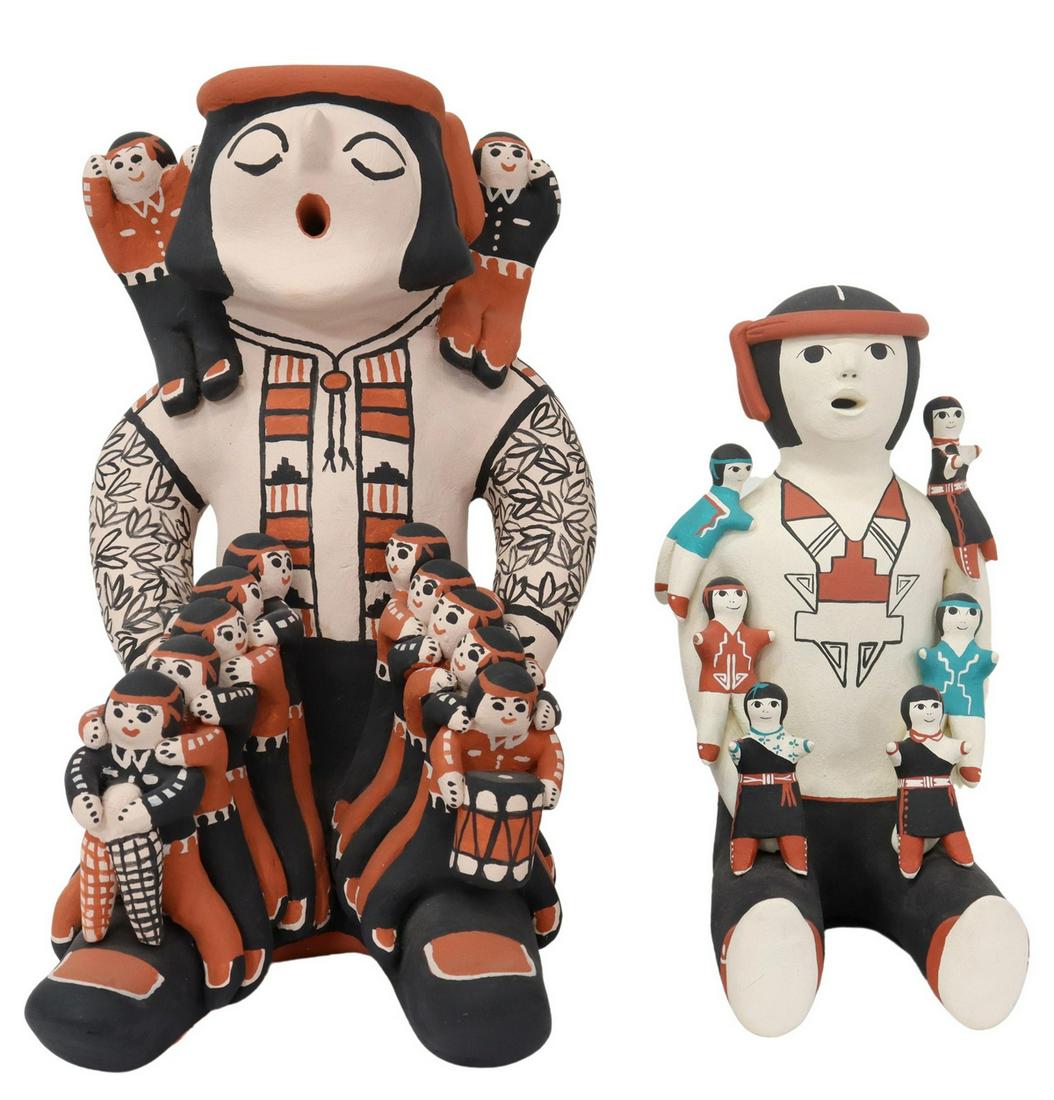 (2) NATIVE AMERICAN COCHITI PUEBLO STORYTELLERS: (lot of 2) Native American pottery storytellers, Cochiti Pueblo, polychrome painted, comprising: (1) signed Mary O. Chalan (New Mexico, b.1939), depicting large figure with twelve children, approx 10.