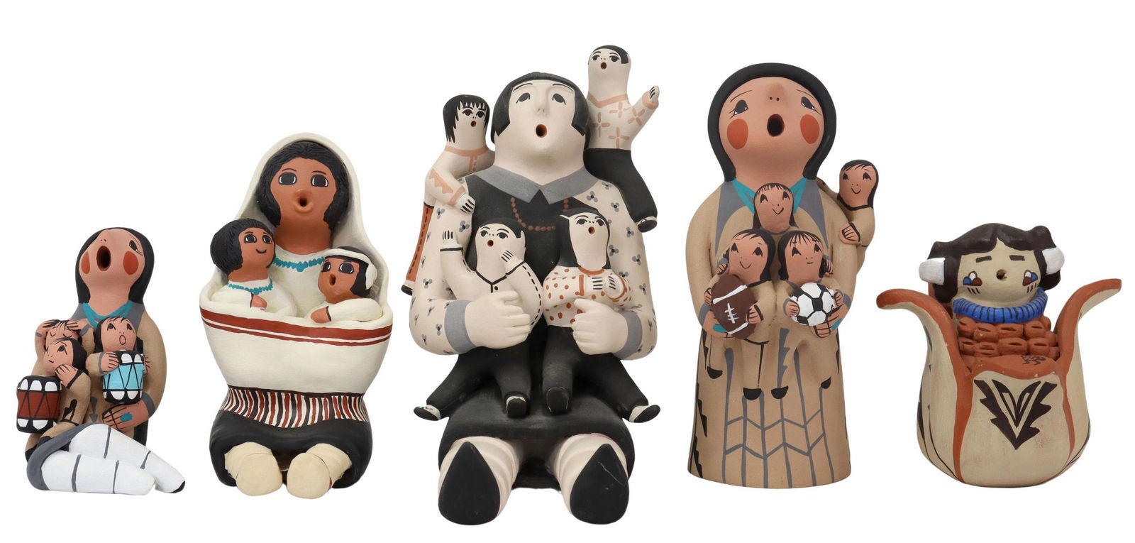 (5) JEMEZ, LAGUNA & ACOMA PUEBLOS STORYTELLERS: (lot of 5) Native American pottery storytellers, Jemez, Laguna, and Acoma Pueblos, polychrome painted, comprising: (1) signed M. Paisano (Michelle Paisano, Laguna Pueblo, 20th c.), dated 1991, adult f
