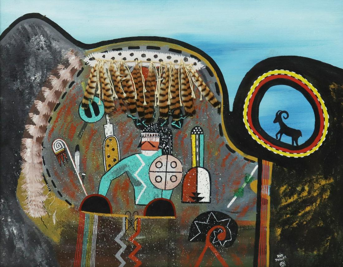 ROD PHILLIPS (HOPI, D.2005) MIXED MEDIA PAINTING: Framed acrylic on canvas board painting with applied feathers, signed lower right Rod Phillips (Hopi, 1948-2005), sight: 21.5"h, 27.5"w, overall: 29"h, 35"w, 14.25lbs **Provenance: Liquidation of Koch